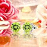 1 Carat Round Shaped - Peridot - August Birthstone Solitaire Stud Earrings in 18K White Gold Plating Over Silver
