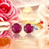 1 Carat Round Shaped - Ruby - July Birthstone Solitaire Stud Earrings in 18K White Gold Plating Over Silver