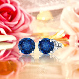 1 Carat Round Shaped - Blue Sapphire - September Birthstone Solitaire Stud Earrings in 18K White Gold Plating Over Silver