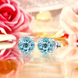 1 Carat Round Shaped - Blue Topaz - December Birthstone Solitaire Stud Earrings in 18K White Gold Plating Over Silver