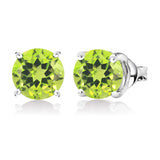 1 Carat Round Shaped - Peridot - August Birthstone Solitaire Stud Earrings in 18K White Gold Plating Over Silver