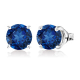 1 Carat Round Shaped - Blue Sapphire - September Birthstone Solitaire Stud Earrings in 18K White Gold Plating Over Silver