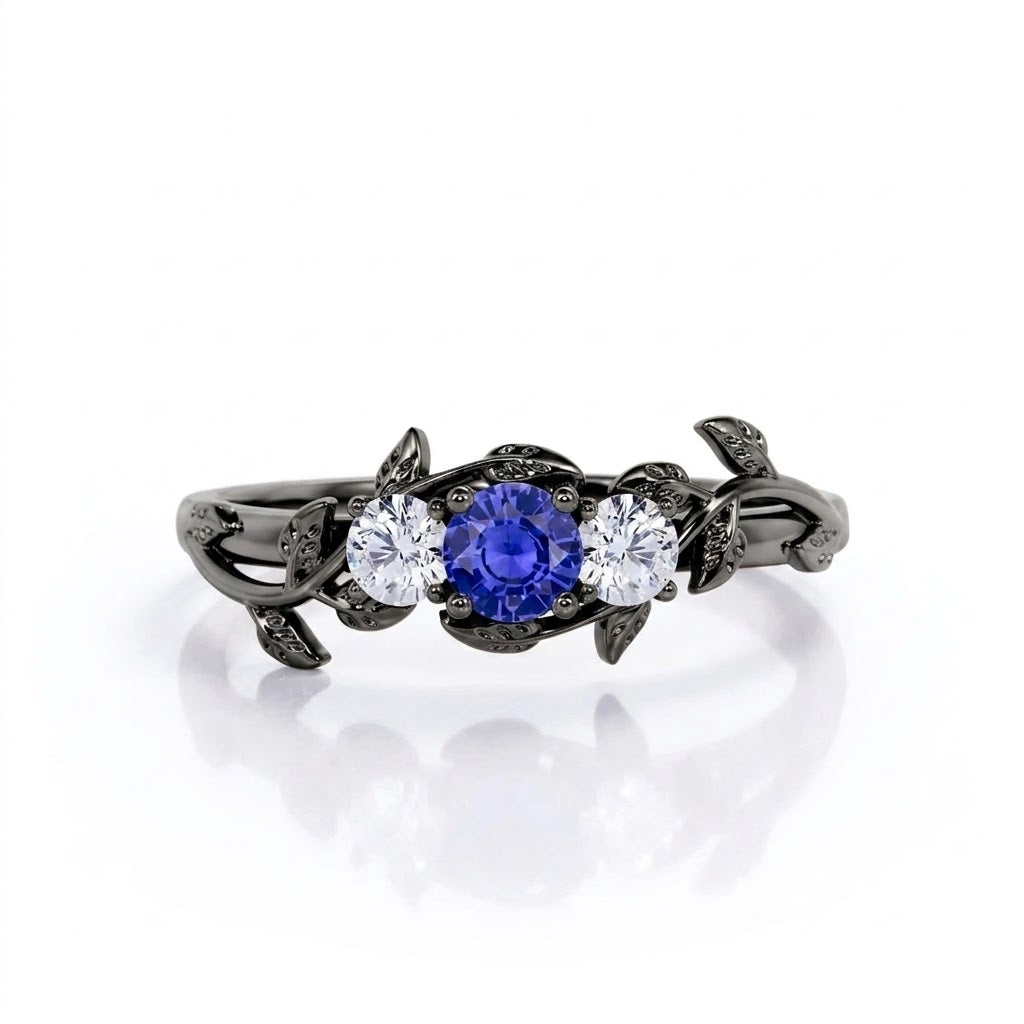 0.7 Ct Round Cut Lab Sapphire Leaf Engagement Ring