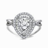 Certified - 1.25 Carat Pear Shape Moissanite - Infinity Twisted Shank - Duo Halo Cluster Engagement Ring - 18K White Gold Plating over Silver