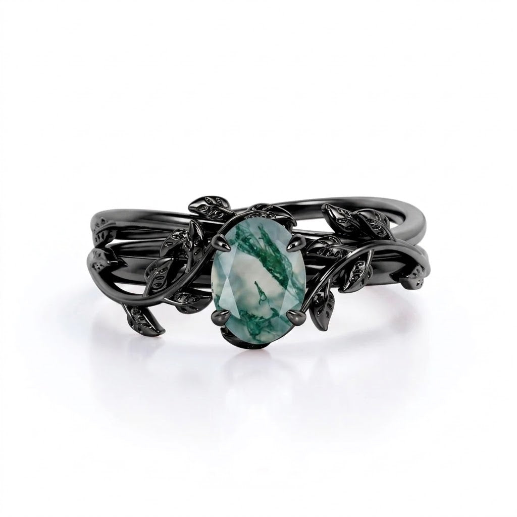 Swirl Vine 1 Ct Oval Green Moss Agate Bridal Set