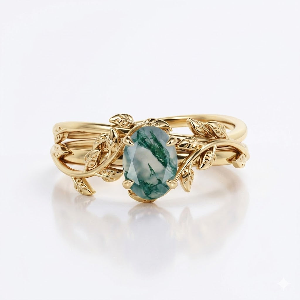 Swirl Vine 1 Ct Oval Green Moss Agate Bridal Set