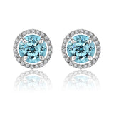 1.25 Carat Round Cut Blue Topaz December Birthstone Halo Stud Earrings in 18K White Gold over Silver
