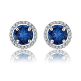 1.25 Carat Round Cut Blue Sapphire September Birthstone Halo Stud Earrings in 18K White Gold over Silver