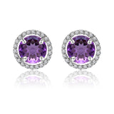 1.25 Carat Round Cut Amethyst February Birthstone Halo Stud Earrings in 18K White Gold over Silver