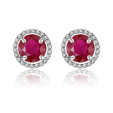 1.25 Carat Round Cut Ruby July Birthstone Halo Stud Earrings in 18K White Gold over Silver