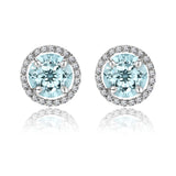 1.25 Carat Round Cut Aquamarine March Birthstone Halo Stud Earrings in 18K White Gold over Silver