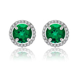 1.25 Carat Round Cut Emerald May Birthstone Halo Stud Earrings in 18K White Gold over Silver