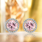1.25 Carat Round Cut Pink Tourmaline October Birthstone Halo Stud Earrings in 18K White Gold over Silver