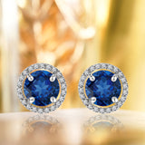 1.25 Carat Round Cut Blue Sapphire September Birthstone Halo Stud Earrings in 18K White Gold over Silver
