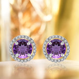 1.25 Carat Round Cut Amethyst February Birthstone Halo Stud Earrings in 18K White Gold over Silver
