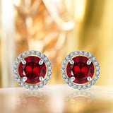 1.25 Carat Round Cut Red Garnet January Birthstone Halo Stud Earrings in 18K White Gold over Silver