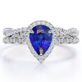 1.5 Carat Pear Cut September Birthstone Blue Sapphire and Moissanite Vintage Engagement Ring - Halo Pave Bridal Set in 18K White Gold over Silver