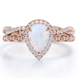1.5 Carat Pear Cut Lab Created October Birthstone Opal and Moissanite Vintage Engagement Ring - Halo Pave Bridal Set in 18K White Gold Over Silver