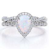1.5 Carat Pear Cut Lab Created October Birthstone Opal and Moissanite Vintage Engagement Ring - Halo Pave Bridal Set in 18K White Gold Over Silver
