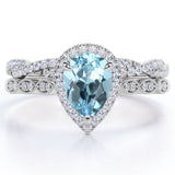 1.5 Carat Pear Cut March Birthstone Aquamarine and Moissanite Vintage Engagement Ring - Halo Pave Bridal Set in 18K White Gold over Silver
