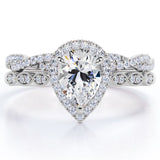 1.5 Carat Pear Cut April Birthstone Cubic Zirconia Vintage Engagement Ring - Halo Pave Bridal Set in 18K White Gold over Silver