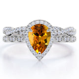 1.5 Carat Pear Cut November Birthstone Citrine and Moissanite Vintage Engagement Ring - Halo Pave Bridal Set in 18K White Gold Over Silver