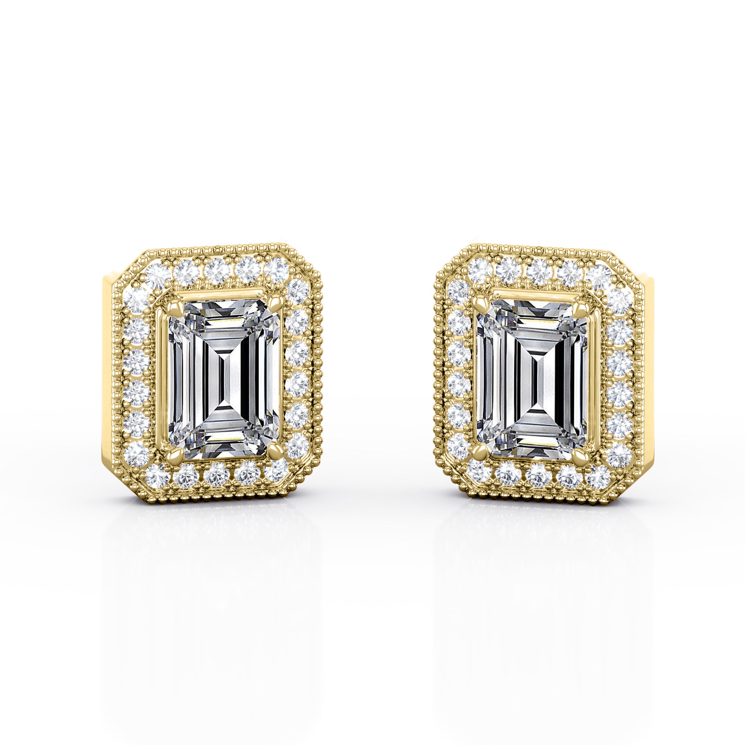 2.15 Carat Emerald Cut Moissanite Milgrain Halo Stud Earrings