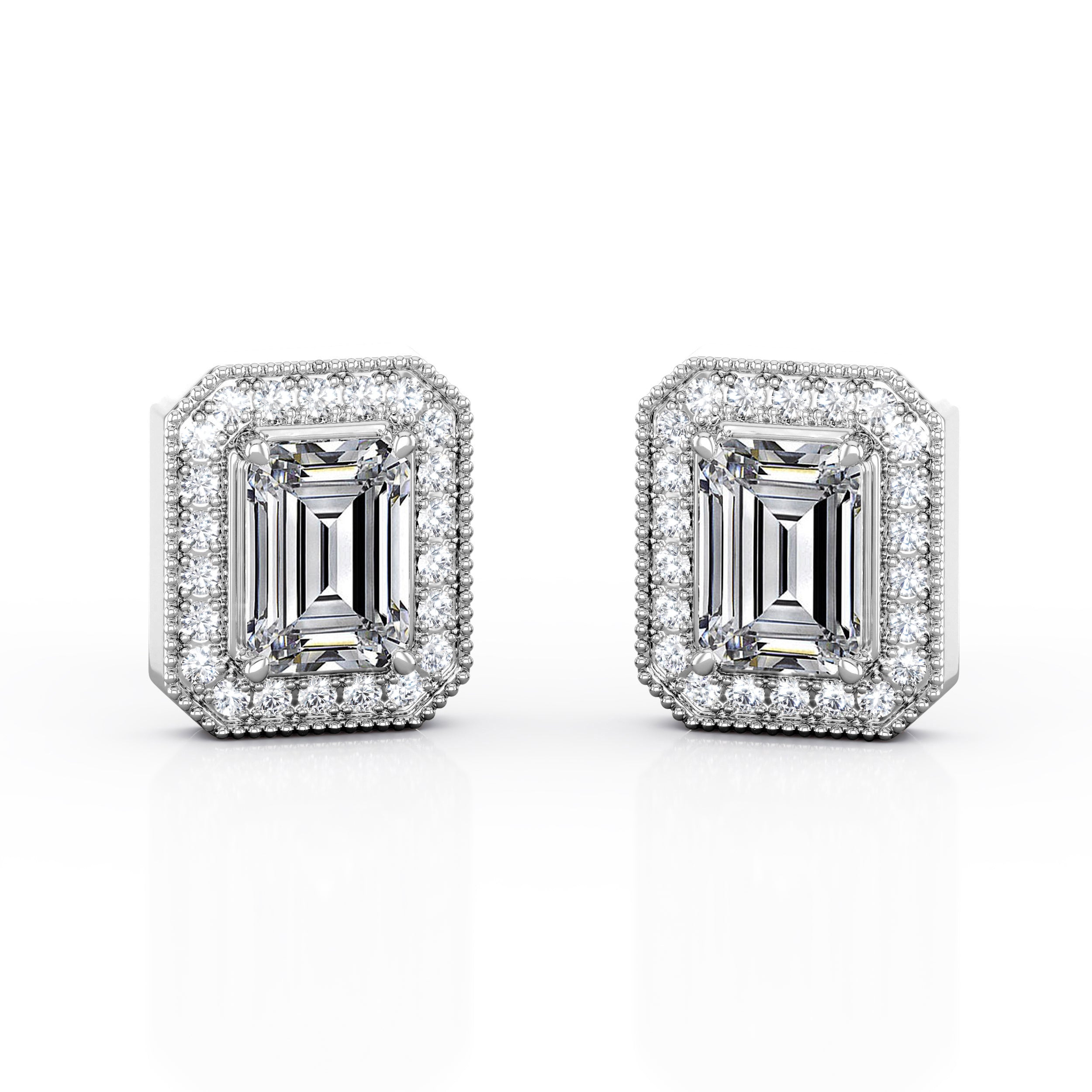 2.15 Carat Emerald Cut Moissanite Milgrain Halo Stud Earrings