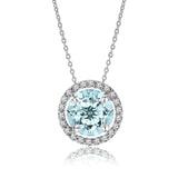 Solitaire 1 Carat Round Cut - Aquamarine - March Birthstone Halo Pendant Necklace 18k White Gold plating over Silver, Adult, Female