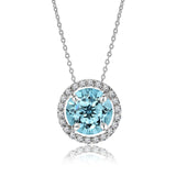 Solitaire 1 Carat Round Cut - Blue Topaz - December Birthstone Halo Pendant Necklace 18k White Gold plating over Silver, Adult, Female