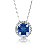 Solitaire 1 Carat Round Cut - Blue Sapphire - September Birthstone Halo Pendant Necklace 18k White Gold plating over Silver, Adult, Female