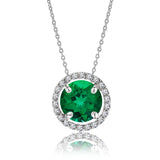 Solitaire 1 Carat Round Cut - Emerald - May Birthstone Halo Pendant Necklace 18k White Gold plating over Silver, Adult, Female