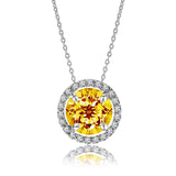 Solitaire 1 Carat Round Cut - Citrine - November Birthstone Halo Pendant Necklace 18k White Gold plating over Silver, Adult, Female
