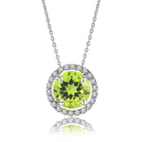 Solitaire 1 Carat Round Cut - Peridot - August Birthstone Halo Pendant Necklace 18k White Gold plating over Silver, Adult, Female