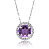 Solitaire 1 Carat Round Cut - Amethyst - February Birthstone Halo Pendant Necklace 18k White Gold plating over Silver, Adult, Female