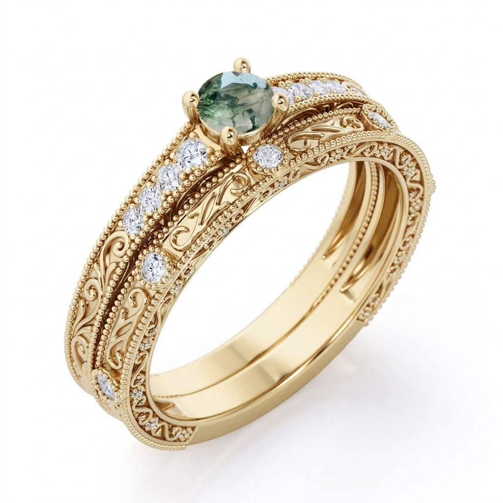 Vintage Edwardian 0.6 Ct Round Moss Agate Bridal Set