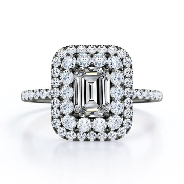 2 Carat Emerald Cut Moissanite Engagement Ring - Bridal Set - Double Halo Ring - Cluster Ring - 18k White Gold Over Silver