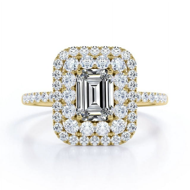2 Carat Emerald Cut Moissanite Engagement Ring - Bridal Set - Double Halo Ring - Cluster Ring - 18k White Gold Over Silver