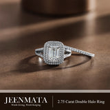 JeenMata 2.75 Carat Emerald Cut Moissanite Double Halo Split Shank Engagement Ring Set in 18K White Gold Plated for Women
