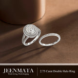 JeenMata 2.75 Carat Oval Cut Moissanite Double Halo Split Shank Engagement Ring Set in 18K White Gold Plated for Women