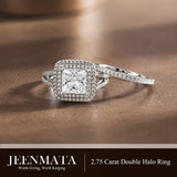 JeenMata 2.75 Carat Princess Cut Moissanite Double Halo Split Shank Engagement Ring Set in 18K White Gold Plated for Women