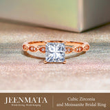 2.25 Carat Princess Cut Engagement Ring for Women, Cubic Zirconia Bridal Ring with Moissanite Side Stones, Vintage Milgrain Band, 18K Rose Gold Plated