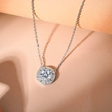 2 Carat Round Halo Moissanite Pendant Necklace - Vintage Inspired Pendant in 18K White Gold Plating for Women