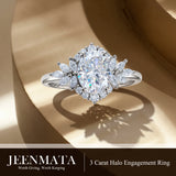 JeenMata 3 Carat Oval Cut Moissanite - Halo Engagement Ring in 18K White Gold Plating for Women