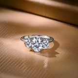3 Carat Three Stone Oval Cut Moissanite Engagement Ring, Elegant Elongated Ring in 18K White Gold Plating for Women