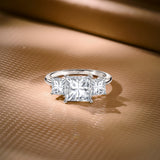 3.75 Carat Three Stone Princess Cut Moissanite Engagement Ring - Classic Statement Ring in 18K White Gold Plating for Women