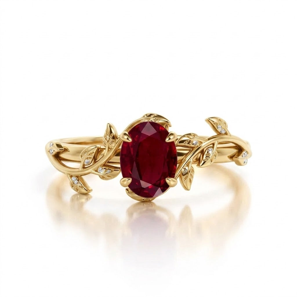 1 ct Oval Lab Ruby Leaf Vine Engagement Ring
