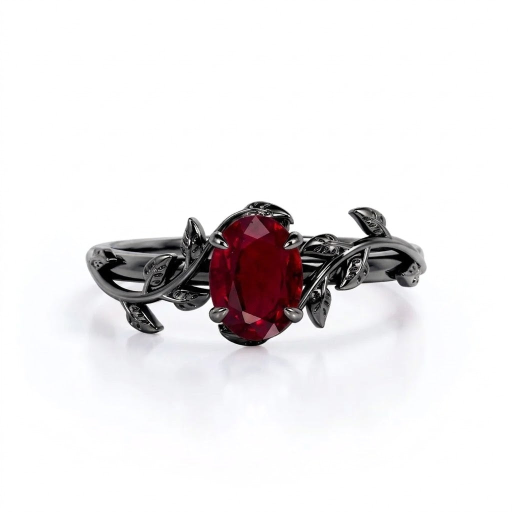 1 ct Oval Lab Ruby Leaf Vine Engagement Ring