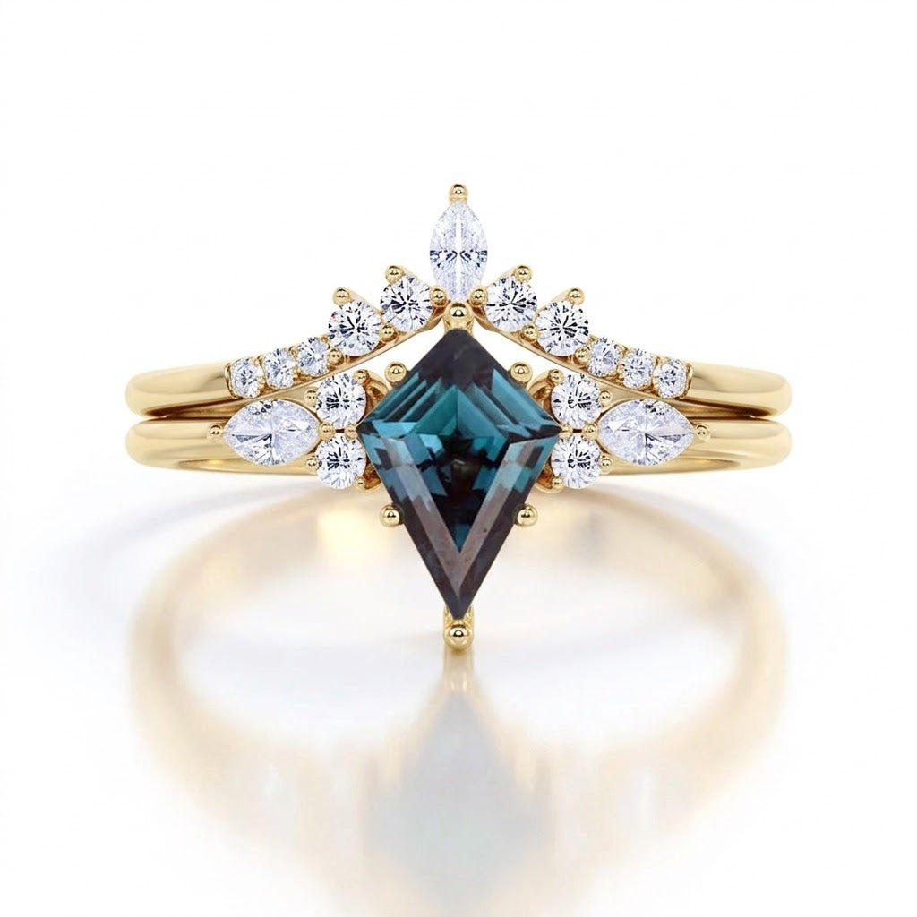Crown 1.25 Ct Kite Lab Alexandrite Bridal Set