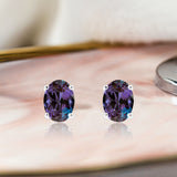 2.5 Carat Oval Cut - Alexandrite - June Birthstone Solitaire Stud Earrings - 4 Prong - In 18K White Gold Plating Over Silver